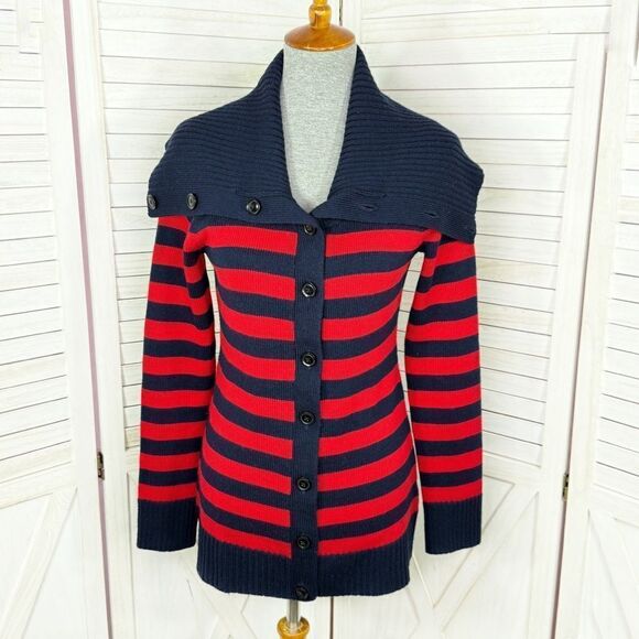 Banana Republic Striped Shawl Collar Button Up Cardigan Sweater Red Blue Small - Picture 1 of 12